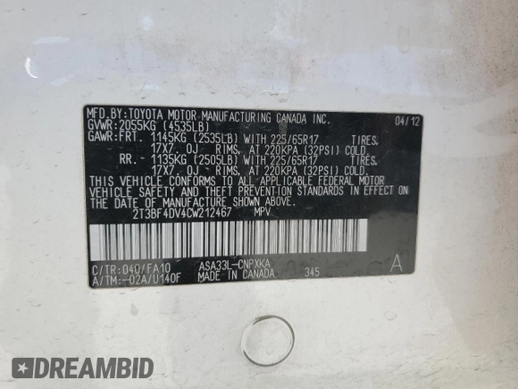 2012 Toyota RAV4 with VIN 2T3BF4DV4CW212467, listed as a Copart auction lot 61226255 with 222,927 mi miles and Clean title. Bid and sale history available at DreamBid. Image 13.