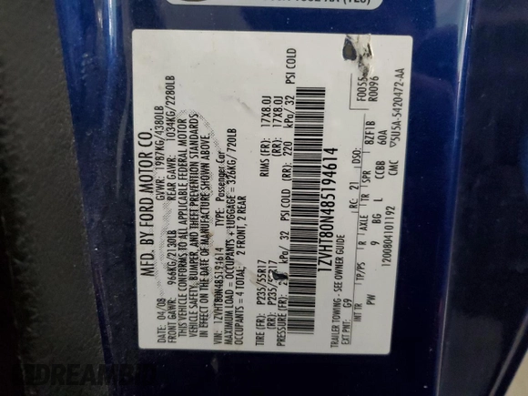 2008 Ford Mustang Deluxe with VIN 1ZVHT80N485194614, listed as a Copart auction lot 45477375 with 201,281 mi miles and Salvage Title. Bid and sale history available at DreamBid. Image 12.