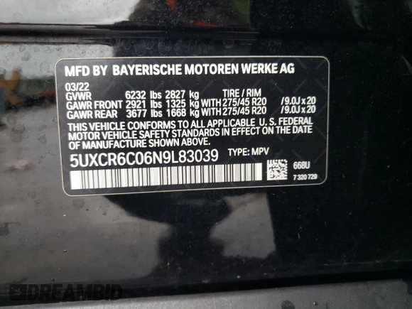 2022 BMW X5 xDrive40i with VIN 5UXCR6C06N9L83039, listed as a Copart auction lot 57109185 with 30,690 mi miles and Clean title. Bid and sale history available at DreamBid. Image 13.