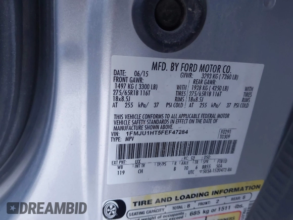 2015 Ford Expedition XLT с VIN 1FMJU1HT5FEF47284, выставлен на аукционе IAAI как лот 41565809 с пробегом 178 859 миль миль и . История ставок и продаж доступна на DreamBid. Изображение 9.