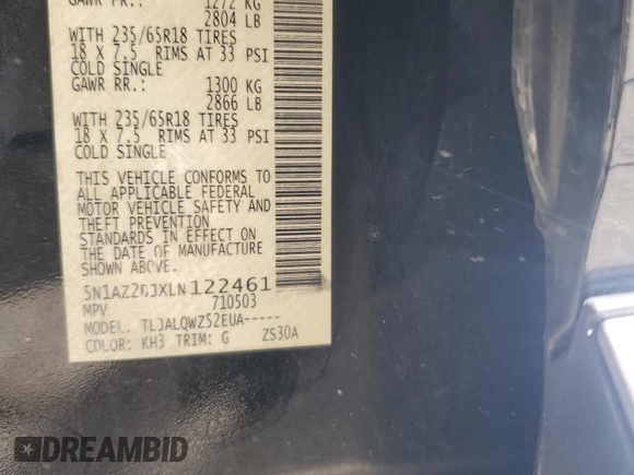2020 Nissan Murano SV z VIN 5N1AZ2BJXLN122461, wystawiony jako Copart lot #56222054 z przebiegiem 108 759 mil mil oraz Szkoda całkowita • Salvage title. Historia ofert i sprzedaży dostępna na DreamBid. Obrazek 14.