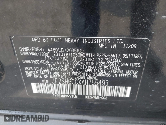 2010 Subaru Forester X Premium with VIN JF2SH6CCXAH755493, listed as a IAAI auction lot 42634247 with 155,574 mi miles and . Bid and sale history available at DreamBid. Image 9.