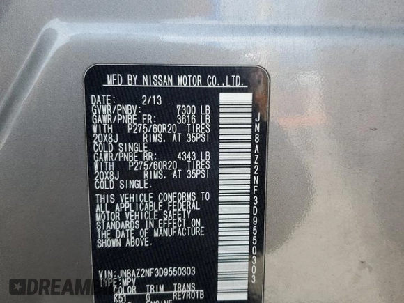 2013 Infiniti QX56 with VIN JN8AZ2NF3D9550303, listed as a Copart auction lot 57771745 with 137,866 mi miles and Salvage title. Bid and sale history available at DreamBid. Image 13.