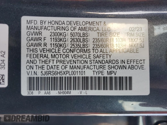 2023 Honda CR-V Sport with VIN 5J6RS6H5XPL001101, listed as a Copart auction lot 50939365 with 47,696 mi miles and Salvage Title. Bid and sale history available at DreamBid. Image 15.