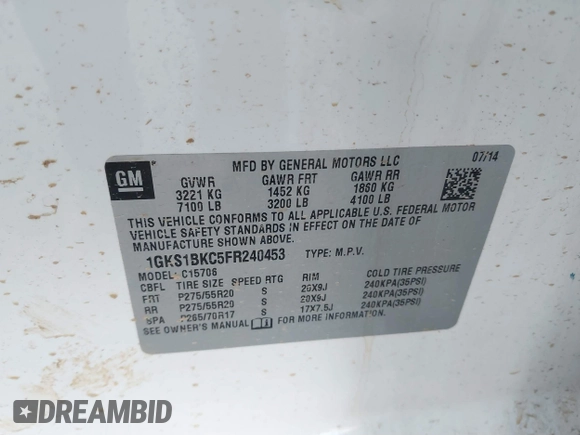 2015 GMC Yukon SLT with VIN 1GKS1BKC5FR240453, listed as a IAAI auction lot 41316793 with 1 mi miles. Bid and sale history available at carsss.com. Image 9.
