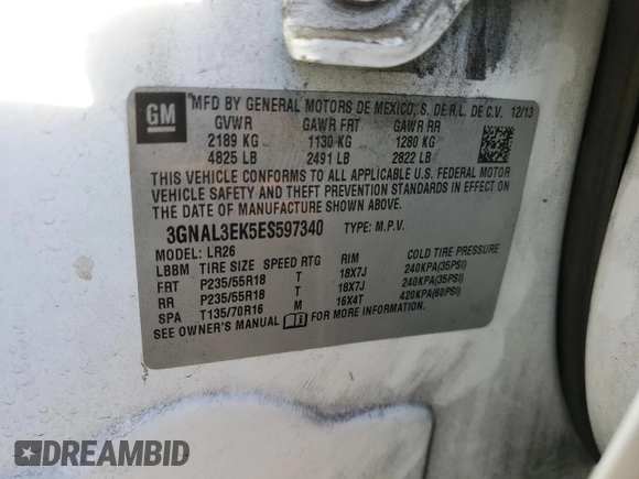 2014 Chevrolet Captiva Sport LT with VIN 3GNAL3EK5ES597340, listed as a Copart auction lot 76725174 with 105,797 mi miles and Clean Title. Bid and sale history available at DreamBid. Image 13.