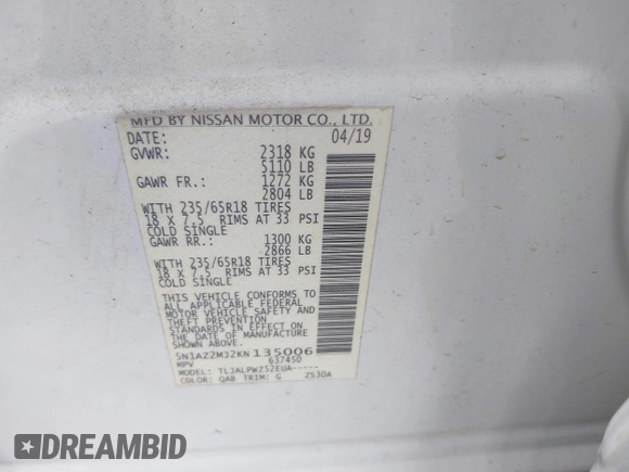 2019 Nissan Murano Platinum z VIN 5N1AZ2MJ2KN135006, wystawiony jako IAAI lot #42383162 z przebiegiem 119 406 mil mil oraz . Historia ofert i sprzedaży dostępna na DreamBid. Obrazek 9.