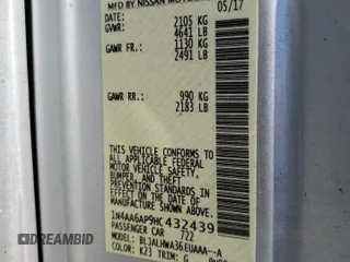 2017 Nissan Maxima Platinum with VIN 1N4AA6AP9HC432439, listed as a Copart auction lot 54604075 with Not provided miles and Non repairable. Bid and sale history available at DreamBid. Image 12.