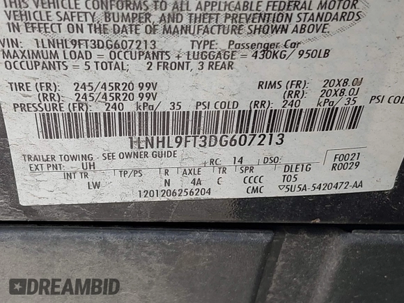 2013 Lincoln MKS EcoBoost with VIN 1LNHL9FT3DG607213, listed as a IAAI auction lot 42686285 with 97,622 mi miles and . Bid and sale history available at DreamBid. Image 9.
