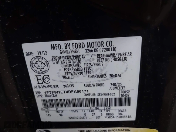 2013 Ford F-150 XL with VIN 1FTFW1ET4DFA96171, listed as a IAAI auction lot 41750358 with 196,631 mi miles and . Bid and sale history available at DreamBid. Image 9.