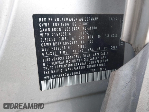 2016 Volkswagen Tiguan SEL with VIN WVGAV7AXXGW534068, listed as a IAAI auction lot 41596440 with 85,022 mi miles and . Bid and sale history available at DreamBid. Image 9.