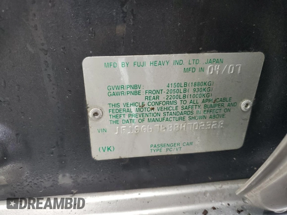 2008 Subaru Forester X L.L. Bean with VIN JF1SG67688H702328, listed as a Copart auction lot 84736254 with Not provided miles and Salvage title. Bid and sale history available at DreamBid. Image 13.
