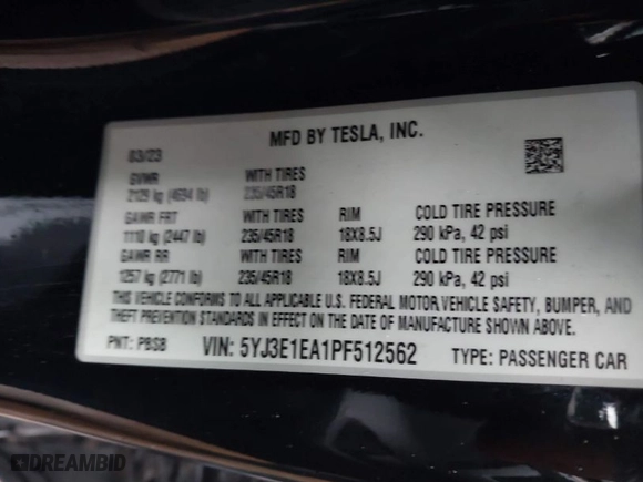 2023 Tesla Model 3 with VIN 5YJ3E1EA1PF512562, listed as a IAAI auction lot 41719618 with 43,612 mi miles. Bid and sale history available at carsss.com. Image 9.