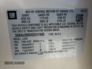 2012 Chevrolet Equinox 1LT z VIN 2GNALDEK2C6317438, wystawiony jako Copart lot #55727405 z przebiegiem 86 951 mil mil oraz Tytuł czysty. Historia ofert i sprzedaży dostępna na DreamBid. Obrazek 14.