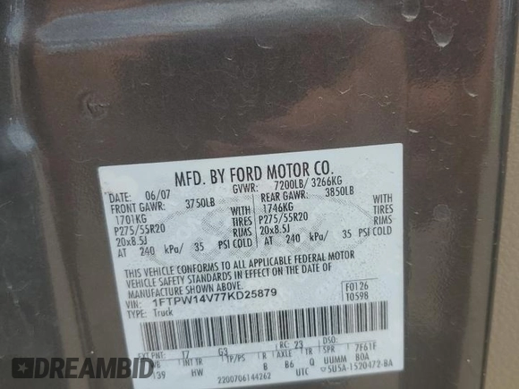 2007 Ford F-150 XLT with VIN 1FTPW14V77KD25879, listed as a Copart auction lot 58498505 with 177,059 mi miles and Salvage title. Bid and sale history available at DreamBid. Image 12.