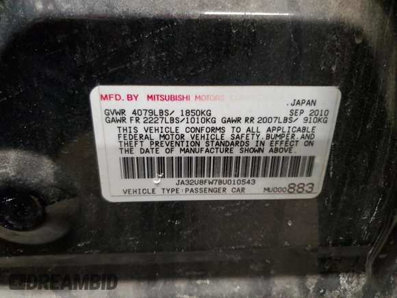 2011 Mitsubishi Lancer GTS with VIN JA32U8FW7BU010543, listed as a Copart auction lot 43706055 with 119,855 mi miles and Salvage Title. Bid and sale history available at carsss.com. Image 12.