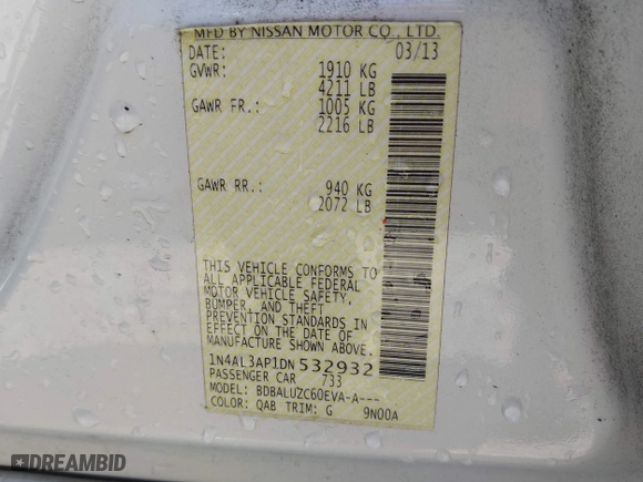 2013 Nissan Altima 2.5 SL with VIN 1N4AL3AP1DN532932, listed as a IAAI auction lot 41620524 with 160,515 mi miles. Bid and sale history available at carsss.com. Image 9.
