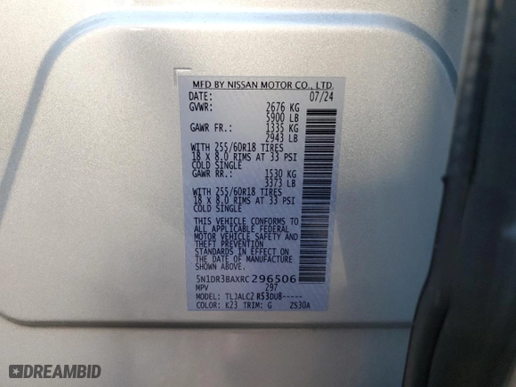 2024 Nissan Pathfinder SV with VIN 5N1DR3BAXRC296506, listed as a Copart auction lot 45671725 with 12,089 mi miles and Non Repairable. Bid and sale history available at carsss.com. Image 13.