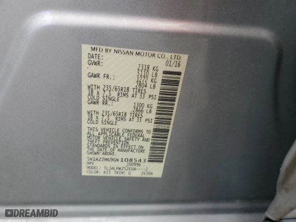 2016 Nissan Murano S with VIN 5N1AZ2MG9GN108543, listed as a Copart auction lot 48352075 with 113,567 mi miles and Salvage Title. Bid and sale history available at carsss.com. Image 14.