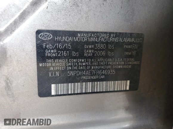 2015 Hyundai Elantra SE z VIN 5NPDH4AE7FH646935, wystawiony jako Copart lot #55829935 z przebiegiem 118 740 mil mil oraz Szkoda całkowita • Salvage title. Historia ofert i sprzedaży dostępna na DreamBid. Obrazek 12.
