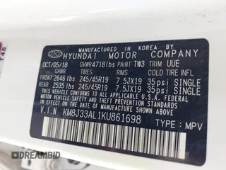 2019 Hyundai Tucson Sport with VIN KM8J33AL1KU861698, listed as a IAAI auction lot 42129173 with 100,160 mi miles. Bid and sale history available at carsss.com. Image 9.