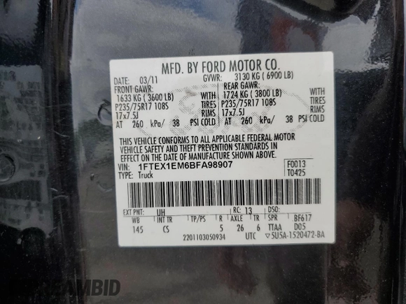 2011 Ford F-150 XL с VIN 1FTEX1EM6BFA98907, выставлен на аукционе Copart как лот 56286515 с пробегом 167 958 миль миль и Списание • Salvage title. История ставок и продаж доступна на DreamBid. Изображение 12.