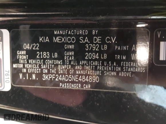 2022 Kia Forte LXS with VIN 3KPF24AD5NE484890, listed as a IAAI auction lot 41006516 with 39,213 mi miles and . Bid and sale history available at DreamBid. Image 9.