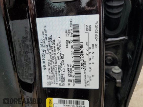 2020 Lincoln MKZ Reserve with VIN 3LN6L5F95LR609041, listed as a Copart auction lot 53753615 with 53,131 mi miles and Salvage Title. Bid and sale history available at DreamBid. Image 12.