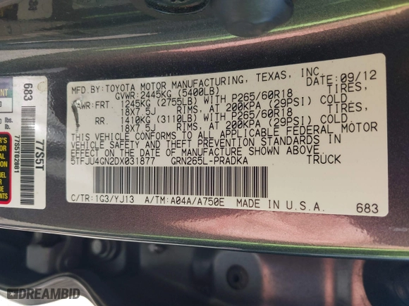 2013 Toyota Tacoma PreRunner with VIN 5TFJU4GN2DX031877, listed as a IAAI auction lot 41532757 with 176,797 mi miles. Bid and sale history available at carsss.com. Image 9.
