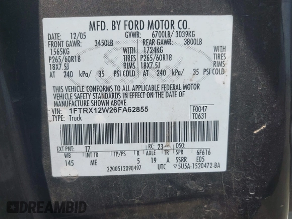 2006 Ford F-150 STX with VIN 1FTRX12W26FA62855, listed as a IAAI auction lot 42643710 with 182,212 mi miles and . Bid and sale history available at DreamBid. Image 9.