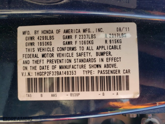 2011 Honda Accord Sdn LX with VIN 1HGCP2F32BA149353, listed as a Copart auction lot 49816035 with 0 mi miles and Salvage Title. Bid and sale history available at carsss.com. Image 13.