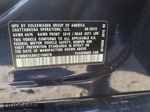 2012 Volkswagen Passat SE z VIN 1VWBH7A36CC108576, wystawiony jako Copart lot #56299105 z przebiegiem 110 815 mil mil oraz Szkoda całkowita • Salvage title. Historia ofert i sprzedaży dostępna na DreamBid. Obrazek 12.