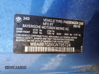 2016 BMW 3 Series 340i xDrive with VIN WBA8B7G56GNT95724, listed as a Copart auction lot 88681335 with 50,388 mi miles and Salvage title. Bid and sale history available at DreamBid. Image 14.
