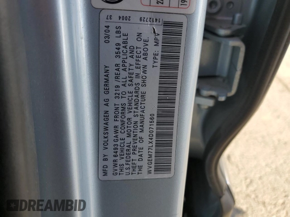 2004 Volkswagen Touareg with VIN WVGEM77LX4D071560, listed as a Copart auction lot 41630995 with 168,906 mi miles and Salvage title. Bid and sale history available at DreamBid. Image 14.