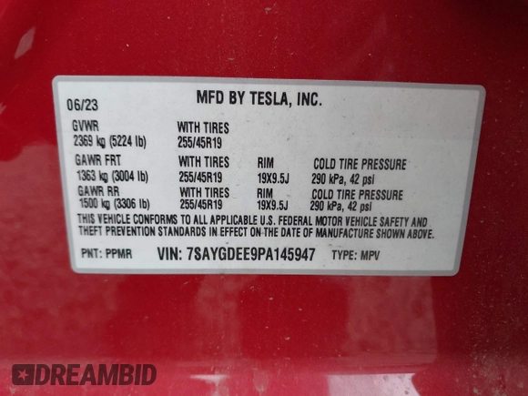 2023 Tesla Model Y Long Range with VIN 7SAYGDEE9PA145947, listed as a IAAI auction lot 42131783 with 4,956 mi miles and . Bid and sale history available at DreamBid. Image 9.