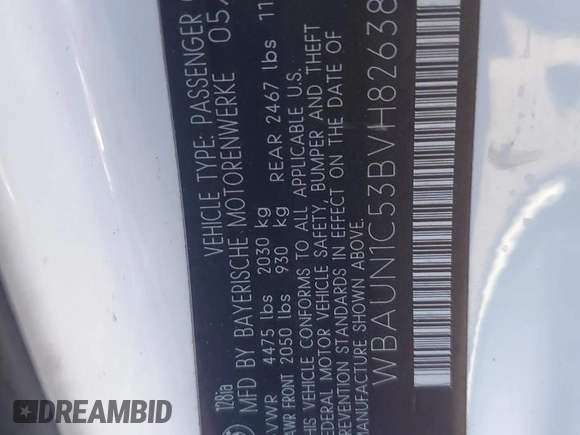 2011 BMW 1 Series 128i with VIN WBAUN1C53BVH82638, listed as a Copart auction lot 85823794 with 137,142 mi miles and Salvage title. Bid and sale history available at DreamBid. Image 14.