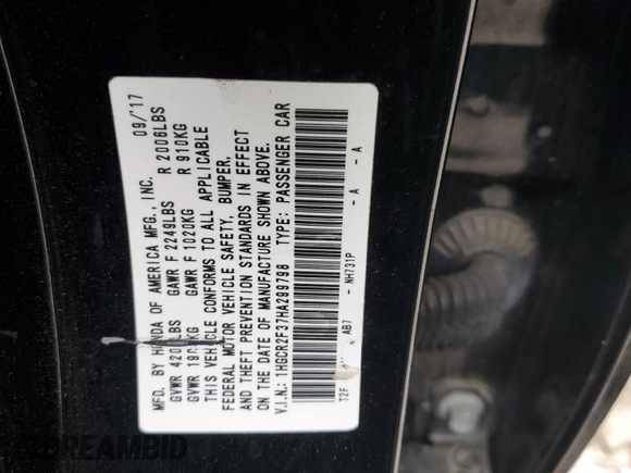 2017 Honda Accord Sedan LX with VIN 1HGCR2F37HA299798, listed as a Copart auction lot 52723705 with 84,637 mi miles and Salvage Title. Bid and sale history available at carsss.com. Image 15.