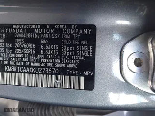 2019 Hyundai Kona SE with VIN KM8K1CAAXKU278670, listed as a IAAI auction lot 41858534 with 34,902 mi miles. Bid and sale history available at carsss.com. Image 9.