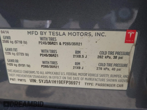 2014 Tesla Model S 60 with VIN 5YJSA1H19EFP36971, listed as a IAAI auction lot 42525811 with Not provided miles and . Bid and sale history available at DreamBid. Image 9.