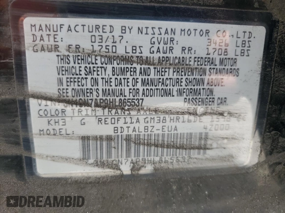 2017 Nissan Versa SV z VIN 3N1CN7AP9HL865537, wystawiony jako Copart lot #56904615 z przebiegiem 240 596 mil mil oraz Czysty tytuł • Clean title. Historia ofert i sprzedaży dostępna na DreamBid. Obrazek 12.