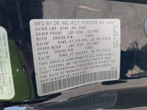 2008 Porsche Cayenne S with VIN WP1AB29P18LA34449, listed as a IAAI auction lot 42636945 with 180,619 mi miles and . Bid and sale history available at DreamBid. Image 9.