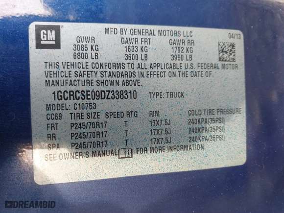 2013 Chevrolet Silverado 1500 LT with VIN 1GCRCSE09DZ338310, listed as a IAAI auction lot 41509184 with 174,403 mi miles. Bid and sale history available at carsss.com. Image 9.