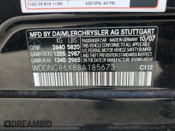 2008 Mercedes-Benz S-Class 5.5L V8 with VIN WDDNG86X88A185673, listed as a Copart auction lot 52859885 with 159,293 mi miles and Salvage Title. Bid and sale history available at carsss.com. Image 12.