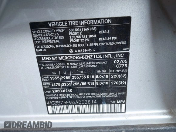 2006 Mercedes-Benz M 500 with VIN 4JGBB75E96A002814, listed as a IAAI auction lot 42686102 with 199,734 mi miles and . Bid and sale history available at DreamBid. Image 9.