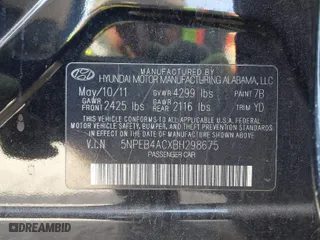 2011 Hyundai Sonata GLS with VIN 5NPEB4ACXBH298675, listed as a IAAI auction lot 41021020 with 160,588 mi miles. Bid and sale history available at carsss.com. Image 9.