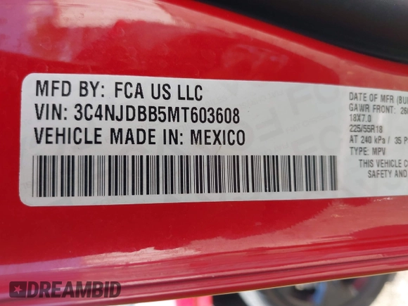 2021 Jeep Compass Latitude z VIN 3C4NJDBB5MT603608, wystawiony jako IAAI lot #40036775 z przebiegiem 61 257 mil mil oraz . Historia ofert i sprzedaży dostępna na DreamBid. Obrazek 9.