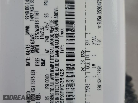 2015 Ford F-150 XLT with VIN 1FTEW1EPXFKD35425, listed as a Copart auction lot 56944155 with 137,610 mi miles and Salvage title. Bid and sale history available at DreamBid. Image 14.