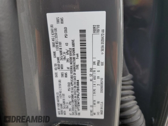 2020 Ford F-150 XL with VIN 1FTEW1CP9LFB53884, listed as a Copart auction lot 47887035 with 83,558 mi miles and Salvage Title. Bid and sale history available at DreamBid. Image 12.