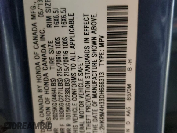 2013 Honda CR-V LX with VIN 2HKRM4H33DH666313, listed as a Copart auction lot 49817535 with 254,208 mi miles and Salvage Title. Bid and sale history available at DreamBid. Image 15.