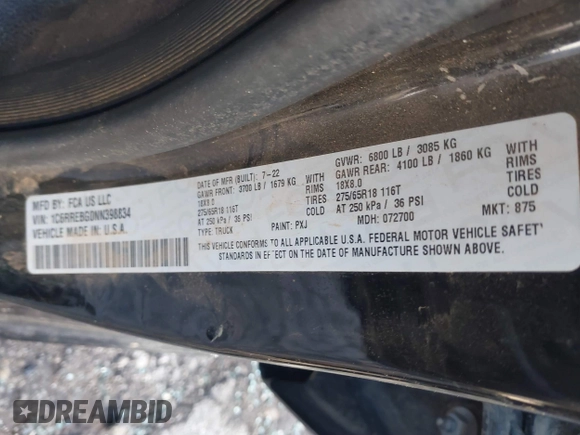 2022 Ram 1500 Big Horn with VIN 1C6RREBG0NN398834, listed as a IAAI auction lot 41580763 with 100,523 mi miles and . Bid and sale history available at DreamBid. Image 9.